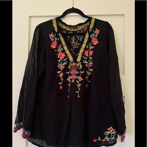 Johnny Was Black boho embroidered long sleeve shirt top